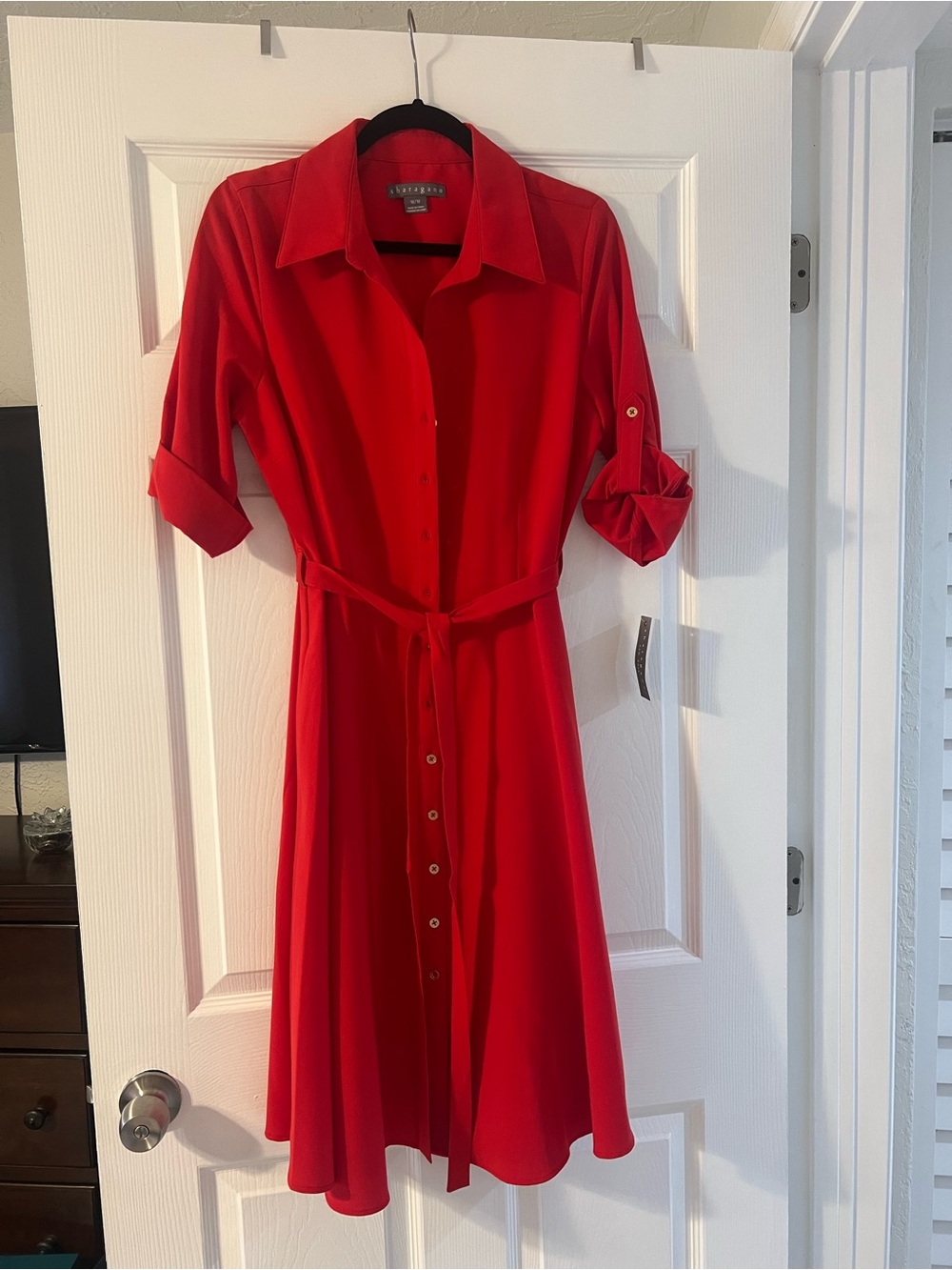 Sharagano Red Midi Shirt Dress with Self Tie Waist